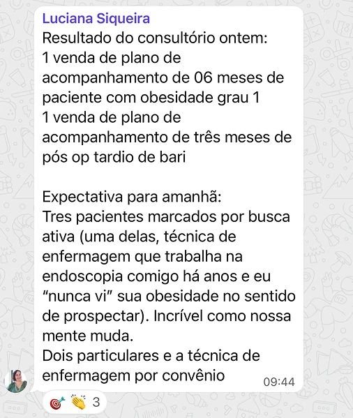 Mentorada vende planos de acompanhamento de 6 e 3 meses e tem três pacientes marcados por busca ativa