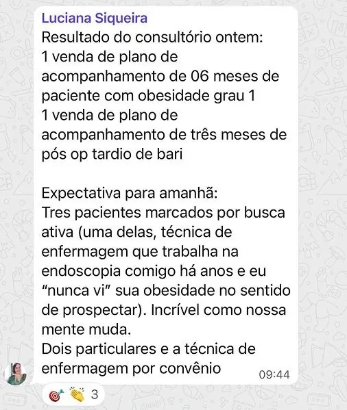Mentorada vende planos de acompanhamento de 6 e 3 meses e tem três pacientes marcados por busca ativa